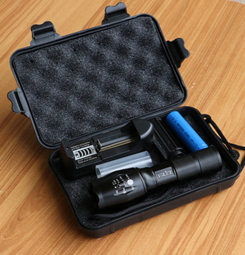 LED Flashlight T6/L2/V6 5 Lighting Modes LED Torch Zoom Outdoor Tactical Flashlights+18650 battery+Charger+Gift Box for Camping